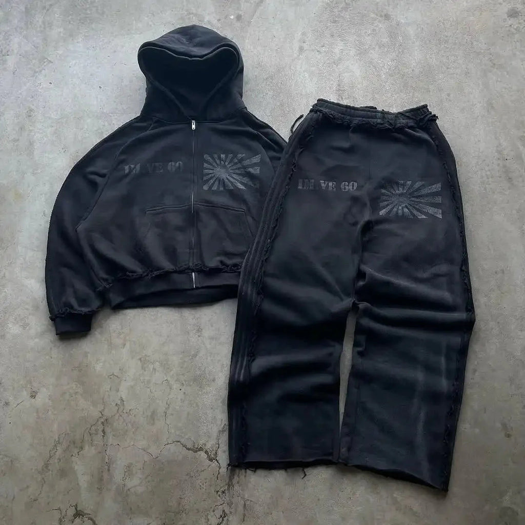 Streetwear Y2k Zipper Hoodie New Two Piece Set Hip Hop Digital Print Hooded Men Women Sweatshirts Drawstring Casual Sports Pant