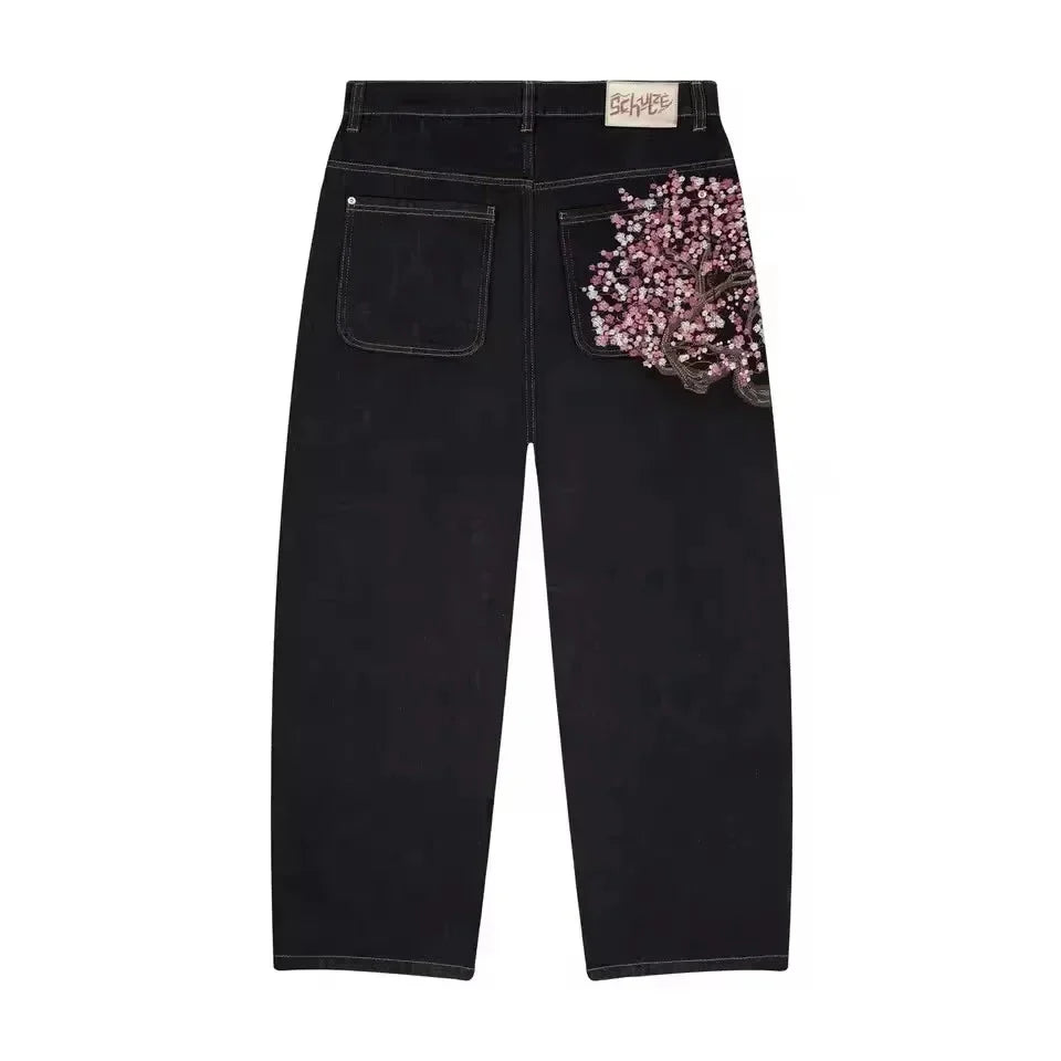 Casual suit retro low waist hip hop cherry blossom embroidered jeans wide leg pants y2k clothing mens embroidered loose jeans