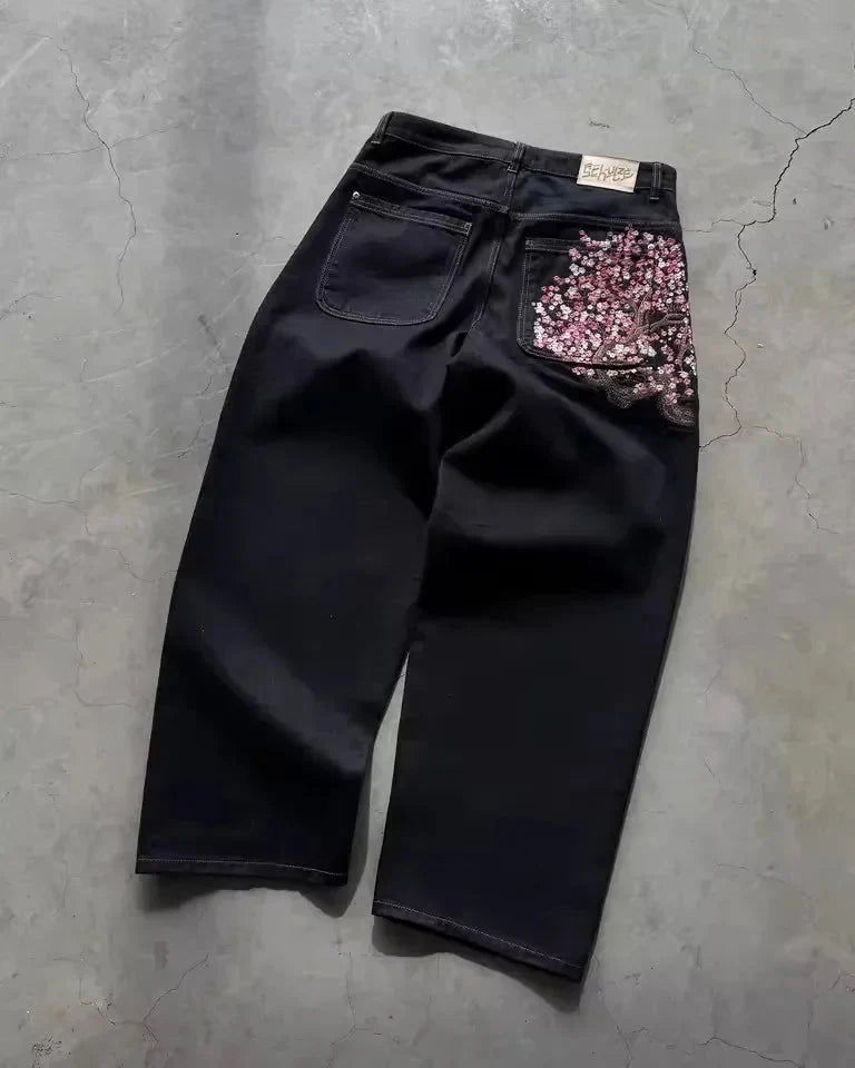 Casual suit retro low waist hip hop cherry blossom embroidered jeans wide leg pants y2k clothing mens embroidered loose jeans