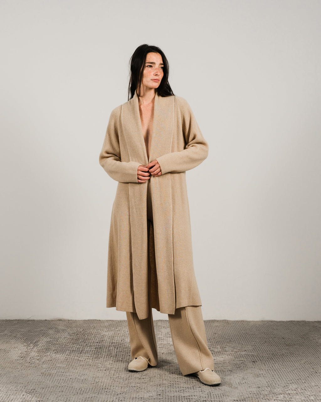 Cashmere Mix Shawl-Collar Maxi Ribbed Cardigan