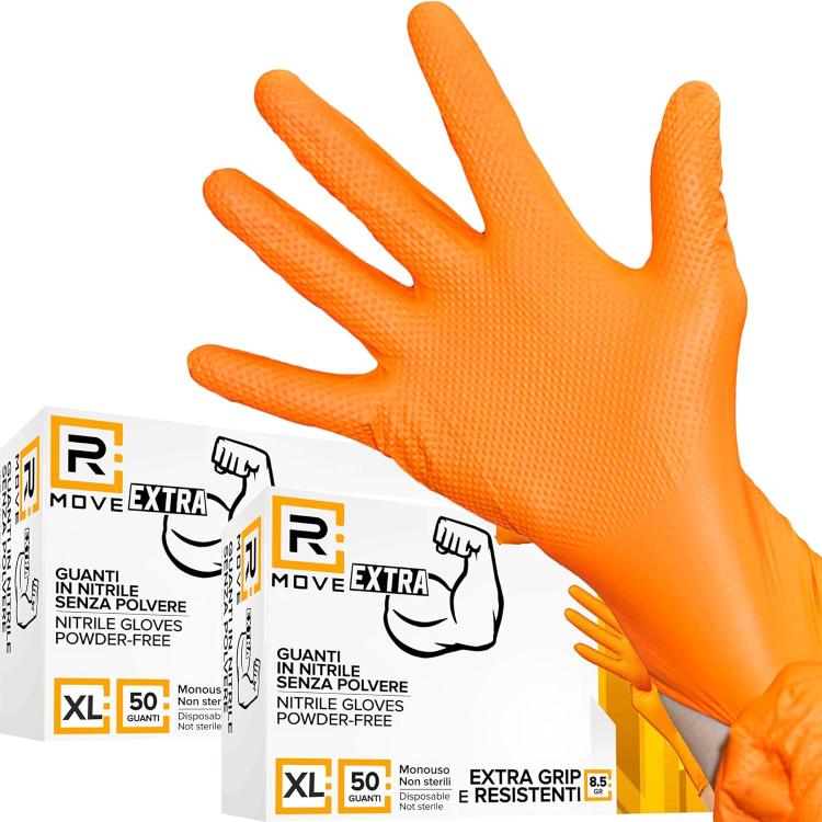 Rmove 50Pz 8.5Gr da Lavoro Guanti Nitrile Arancione Senza Polvere Full Grip (XL)