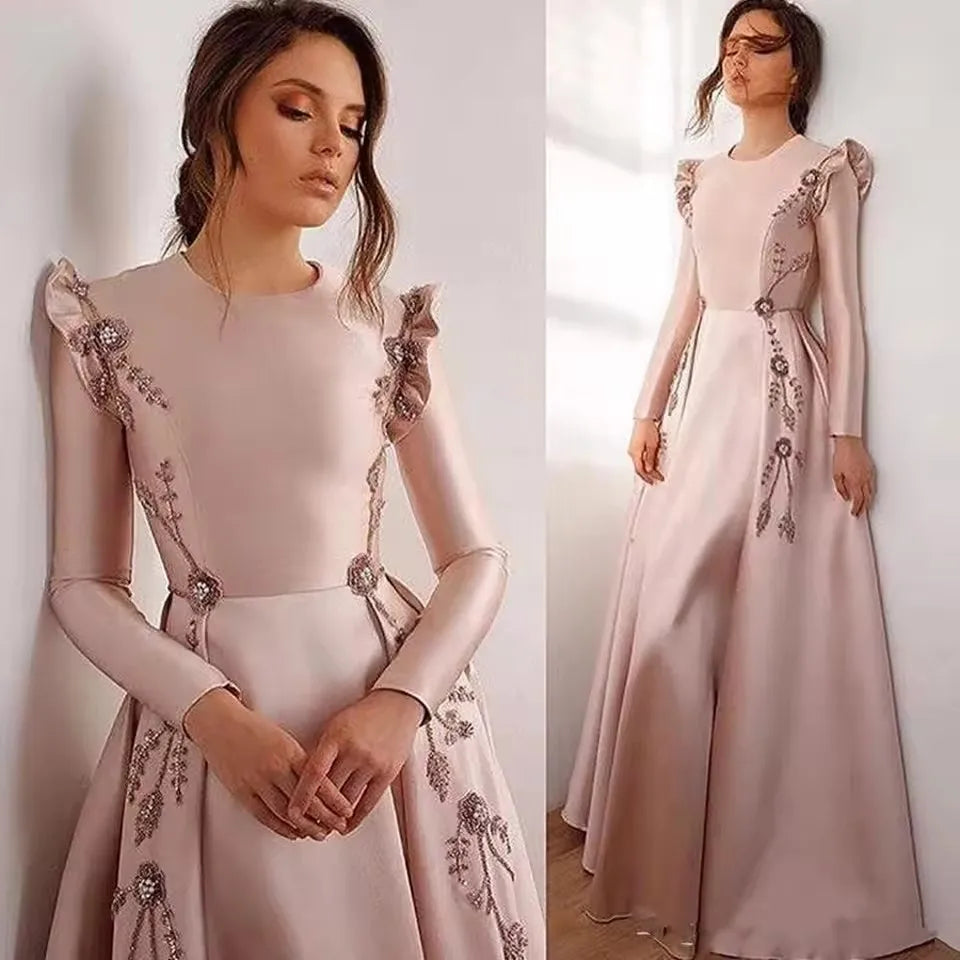 2025 Ruffles Long Sleeves Satin a Line Evening Dresses Lace Applique Beaded a Line Prom Dresses plus Size Gowns