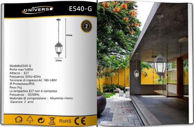 Lanterna Da Soffitto Sospensione  Con Catena Lampada Giardino Attacco E27/Grigio