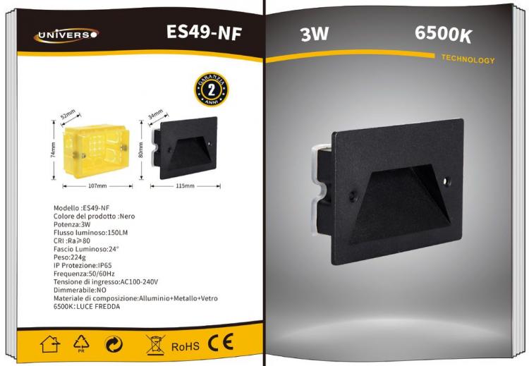 Faretto Segnapassi Ip65 Led 3W Incasso Scatola 503 Per Scale Giardino 6000K/Nero