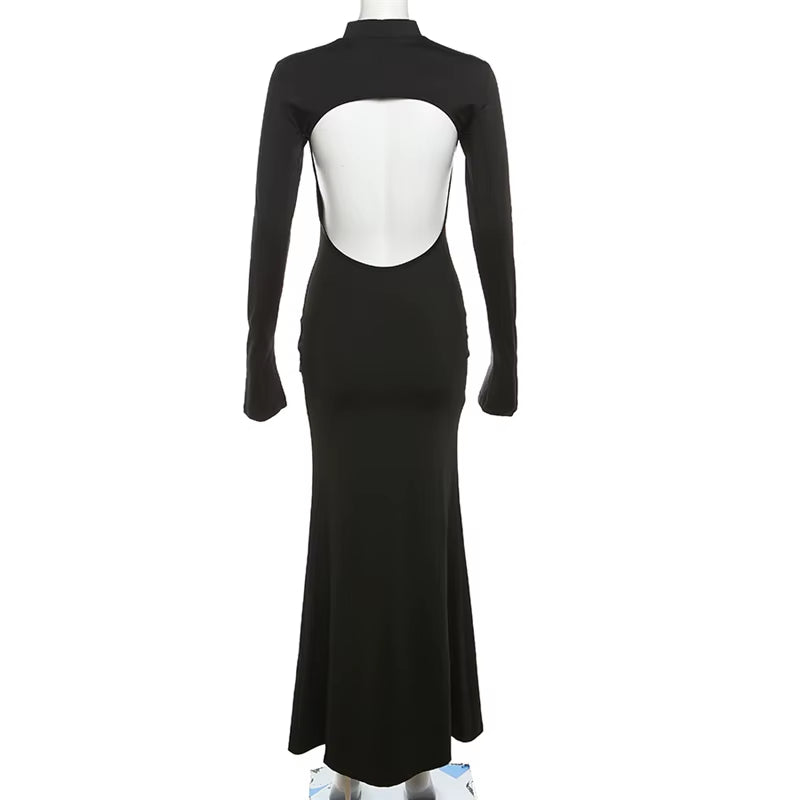 Women'S Clothes Event Evening Dresses Sexy Elegant Crew Neck Long Sleeve Black Bodycon Knit Open Back Backless Maxi Dress