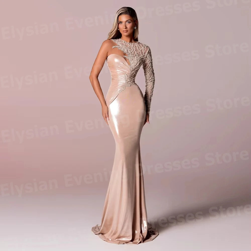 Charming Women'S Mermaid One Shoulder Evening Dresses Customized Robe De Soirée Prom Gowns Long Sleeve Party Vestidos Para Mujer