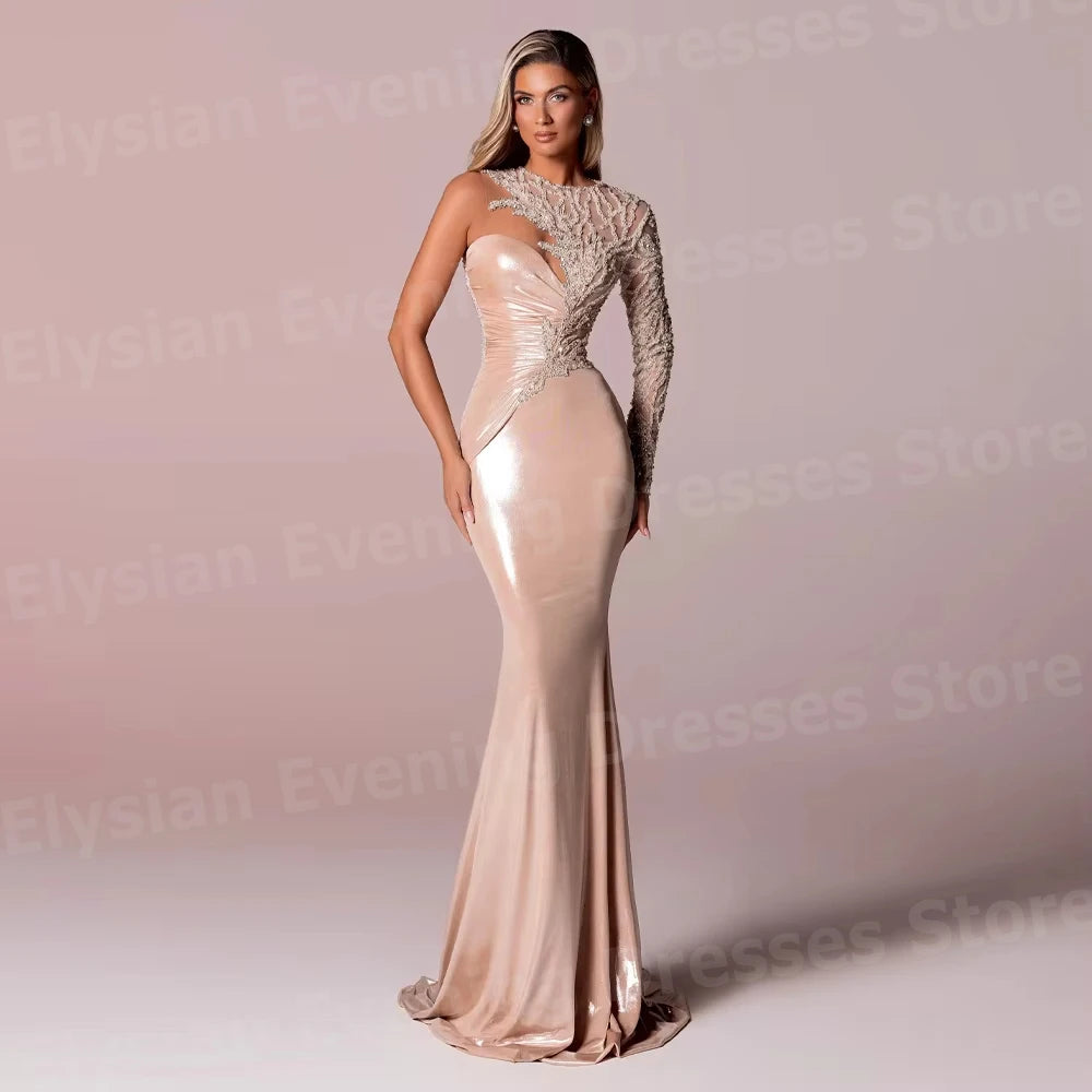 Charming Women'S Mermaid One Shoulder Evening Dresses Customized Robe De Soirée Prom Gowns Long Sleeve Party Vestidos Para Mujer