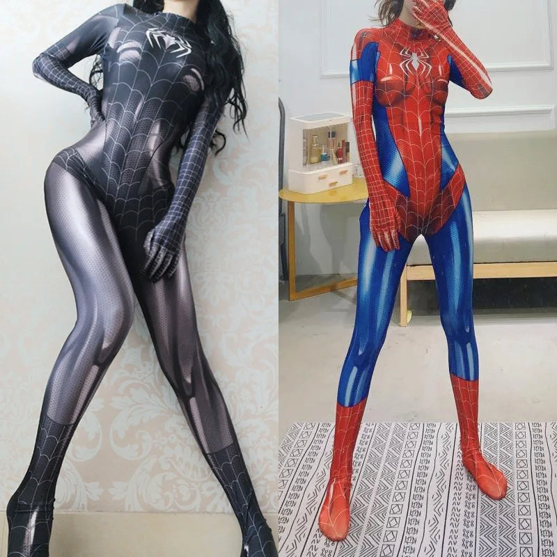 Sexy Spider Web Women Cosplay Jumpsuit Costume Female Halloween Party Zentai Suits Superhero Bodysuit with Crotch Zipper