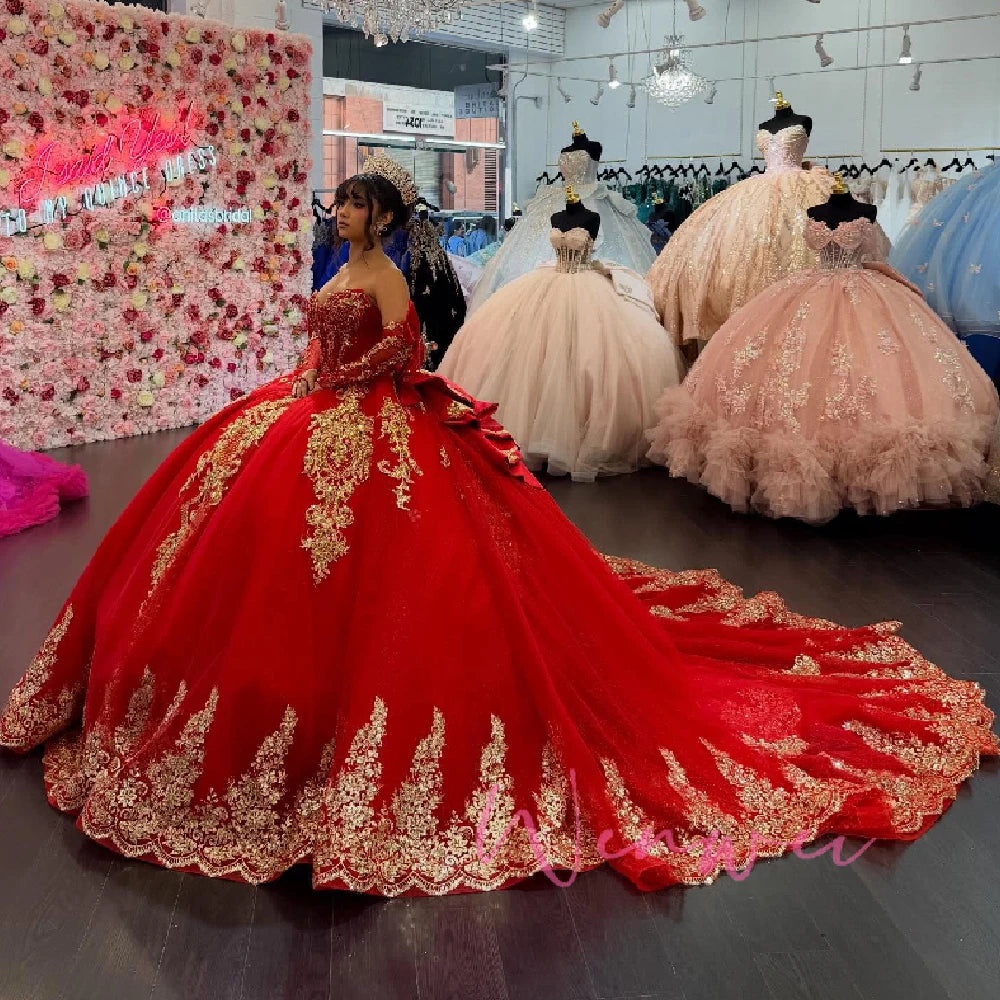 Sophie Store Customized Red Quinceanera Dree off the Shoulder Gold Applique Lace Beading Bow Tull Coret Party Birthday Sweet 16