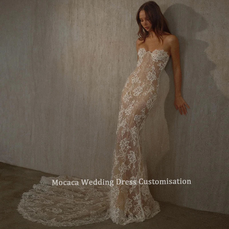 Mocaca Customized Sexy Illusion Lace Bridal Dress Strapless Fitted Mermaid Silhouette Chapel Train for Modern Wedding Dress