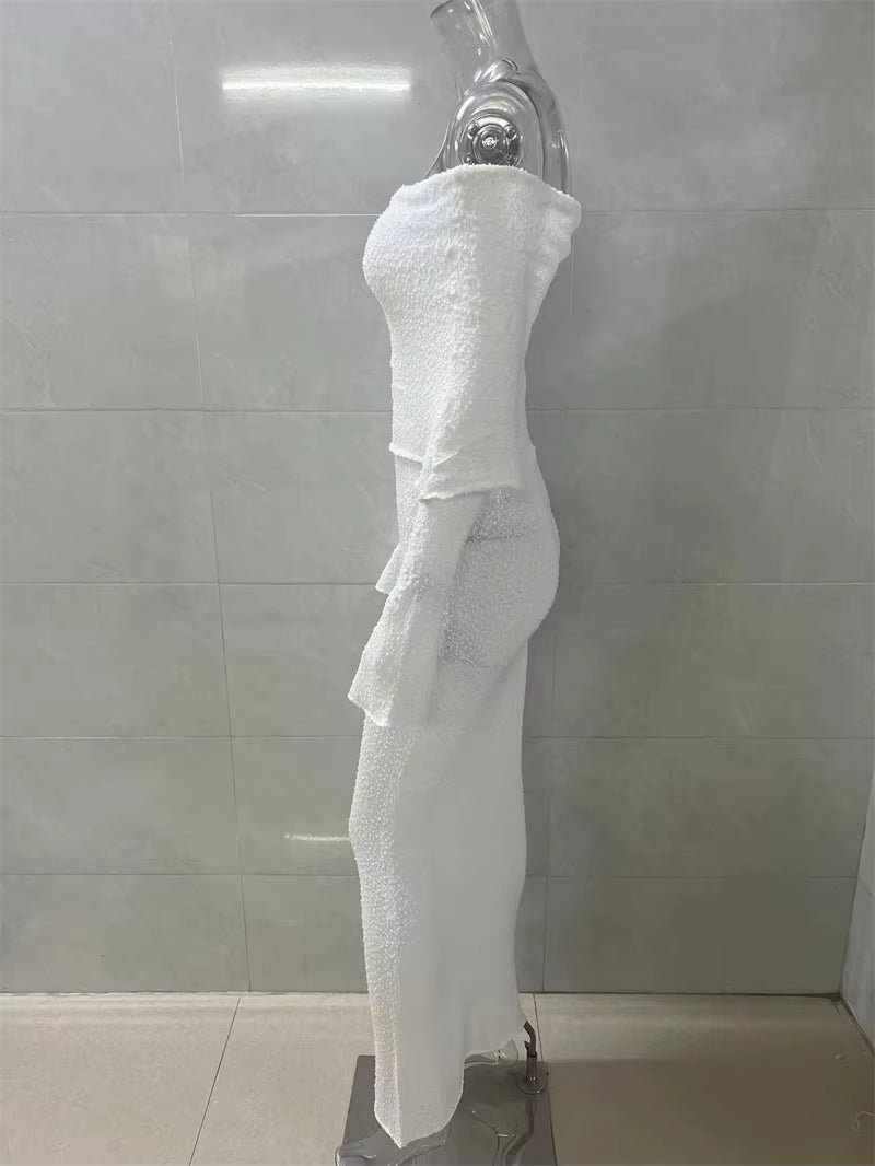 Summer Fall 2024 Women'S Knitwear Bodycon See Though Sexy Elegant Long Sleeve off Shoulder Maxi Knitted Dress