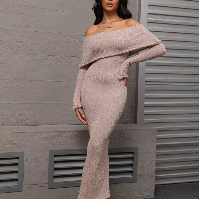 Summer Fall 2024 Women'S Knitwear Bodycon See Though Sexy Elegant Long Sleeve off Shoulder Maxi Knitted Dress