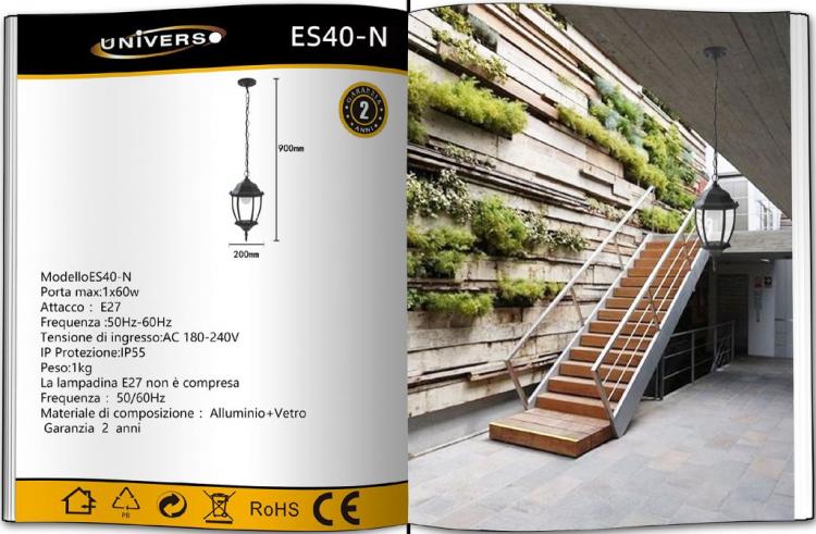 Lanterna Da Soffitto Sospensione  Con Catena Lampada Giardino Attacco E27/Nero
