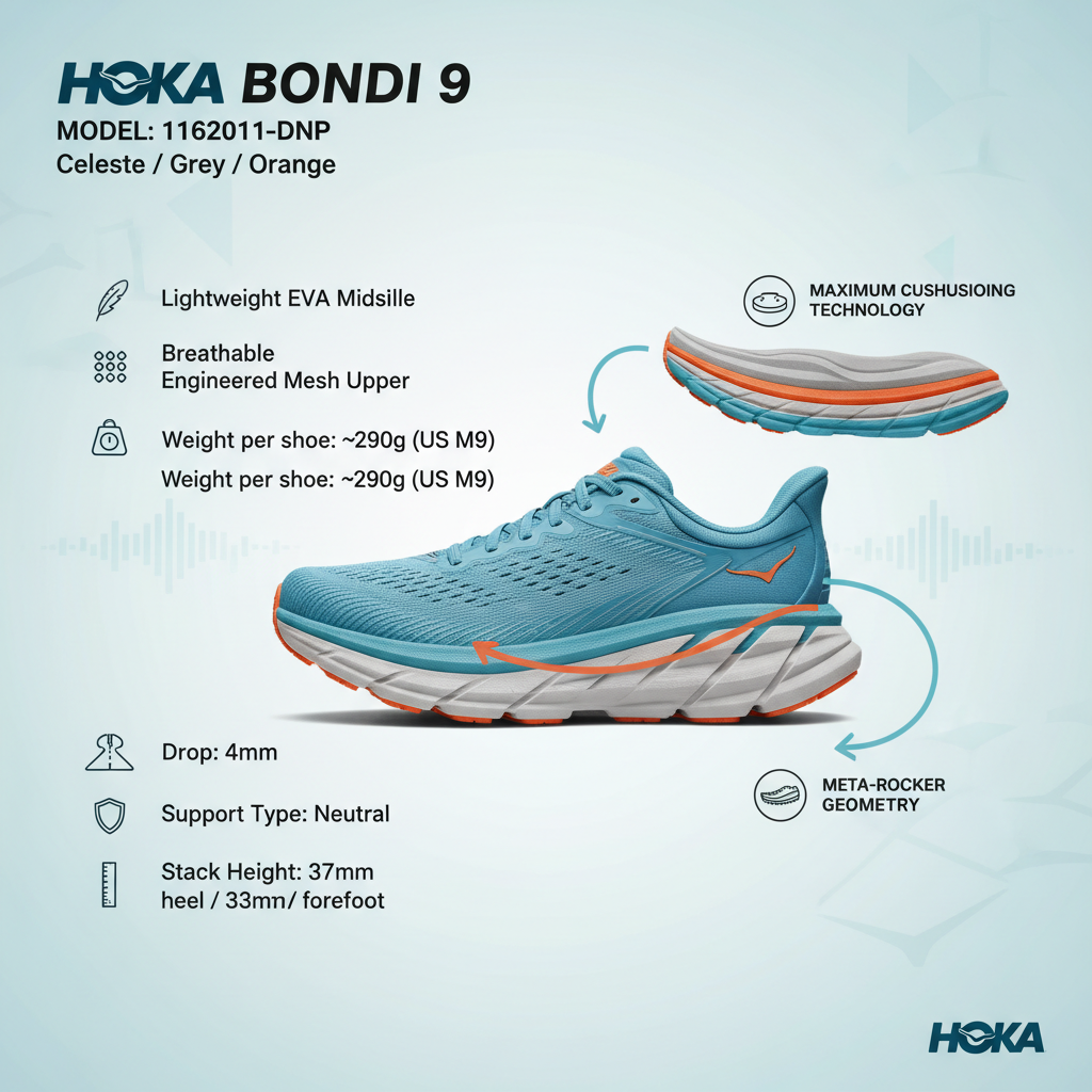 HOKA Bondi 9 1162011-DNP Celeste Grigio Arancio Scarpe Running Uomo