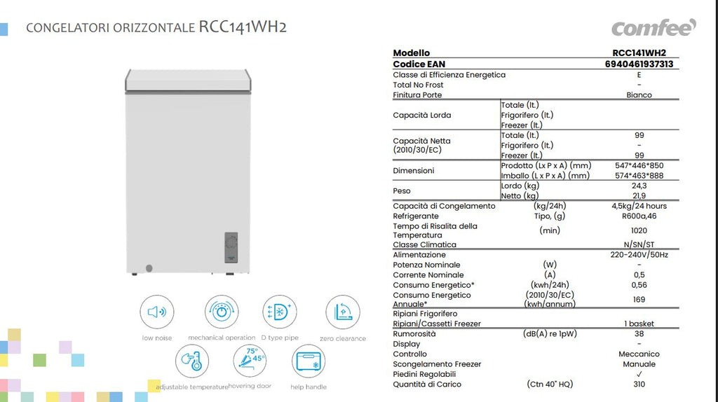Comfee RCC141WH2 Congelatore a Pozzetto Libera Installazione 99L Bianco