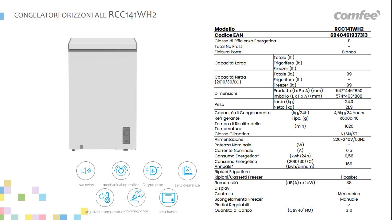 Comfee RCC141WH2 Congelatore a Pozzetto Libera Installazione 99L Bianco