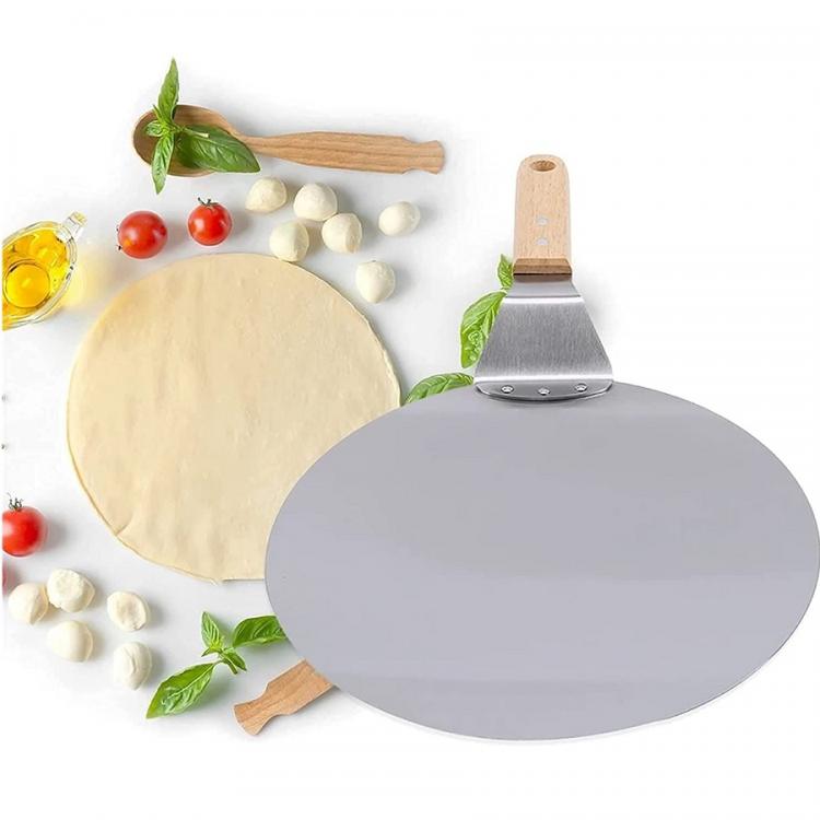 Spatola Per Pizza Manico Di Legno Pala Rotondo Paletta Acciaio Forno 44X25.5Cm