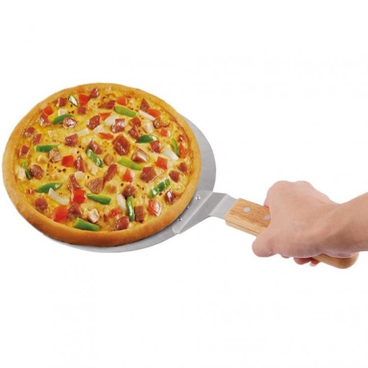 Spatola Per Pizza Manico Di Legno Pala Rotondo Paletta Acciaio Forno 44X25.5Cm