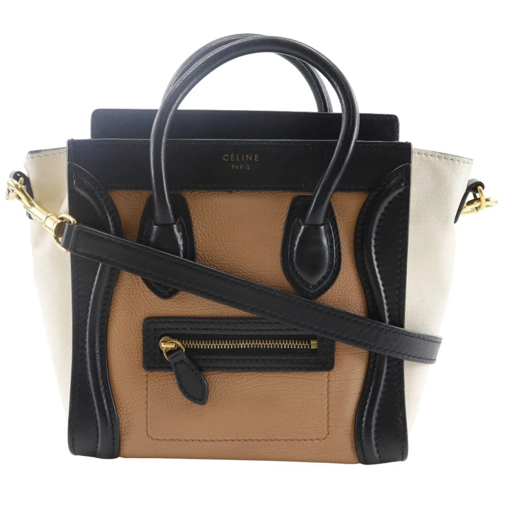Céline Nano Luggage in Pelle Tricolore – Nero, Marrone e Bianco Sporco