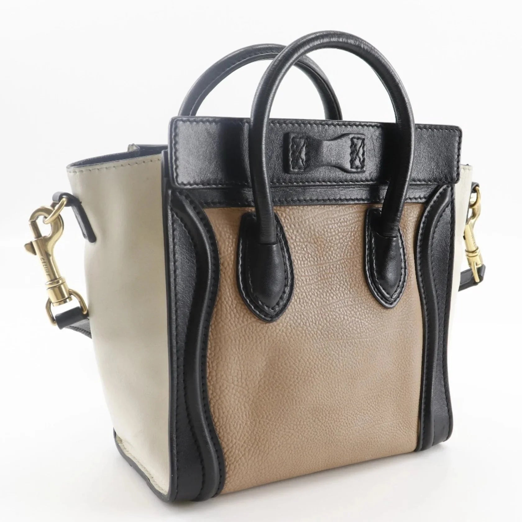 Céline Nano Luggage in Pelle Tricolore – Nero, Marrone e Bianco Sporco