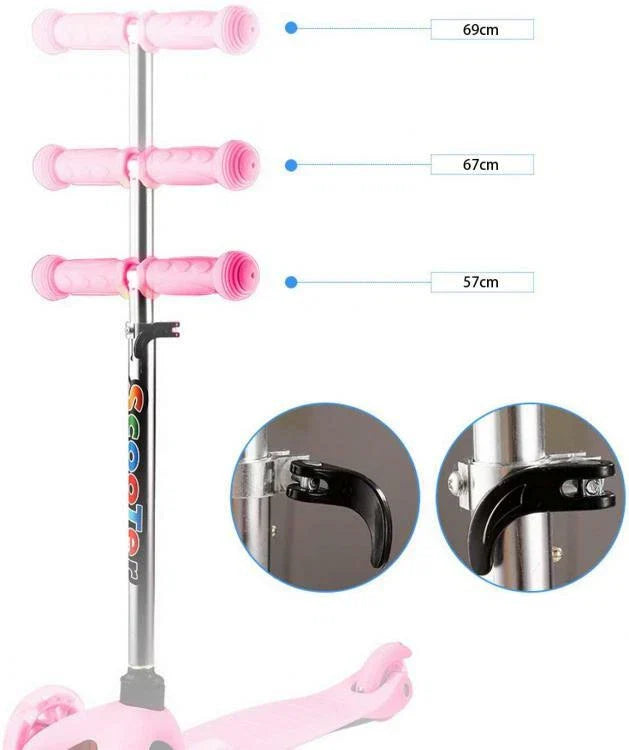 Monopattino 3 Ruote Per Bambino/Bambina Altezza Regolabile Freno Luci (Fucsia)