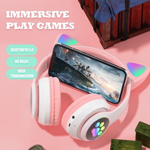 CUFFIE GATTO BLUETOOTH WIRELESS GAMING AURICOLARE LED IPHONE SMARTPHONE - BLU